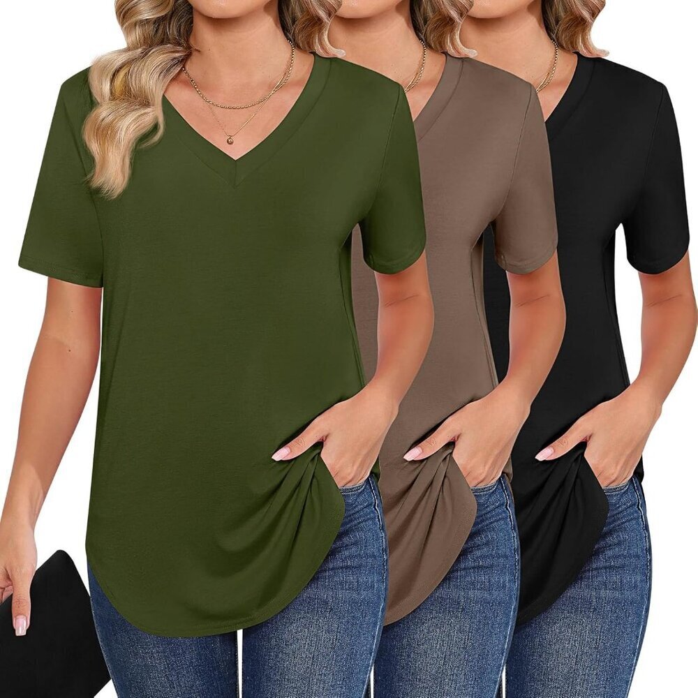 3 Pack Women's Rayon Spandex V Neck Short Sleeve Tunic Tops Casual Summer